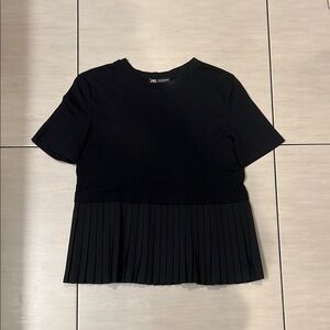 Zara Black Pleated Short Sleeve Tee